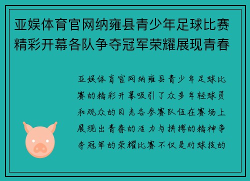 亚娱体育官网纳雍县青少年足球比赛精彩开幕各队争夺冠军荣耀展现青春风采